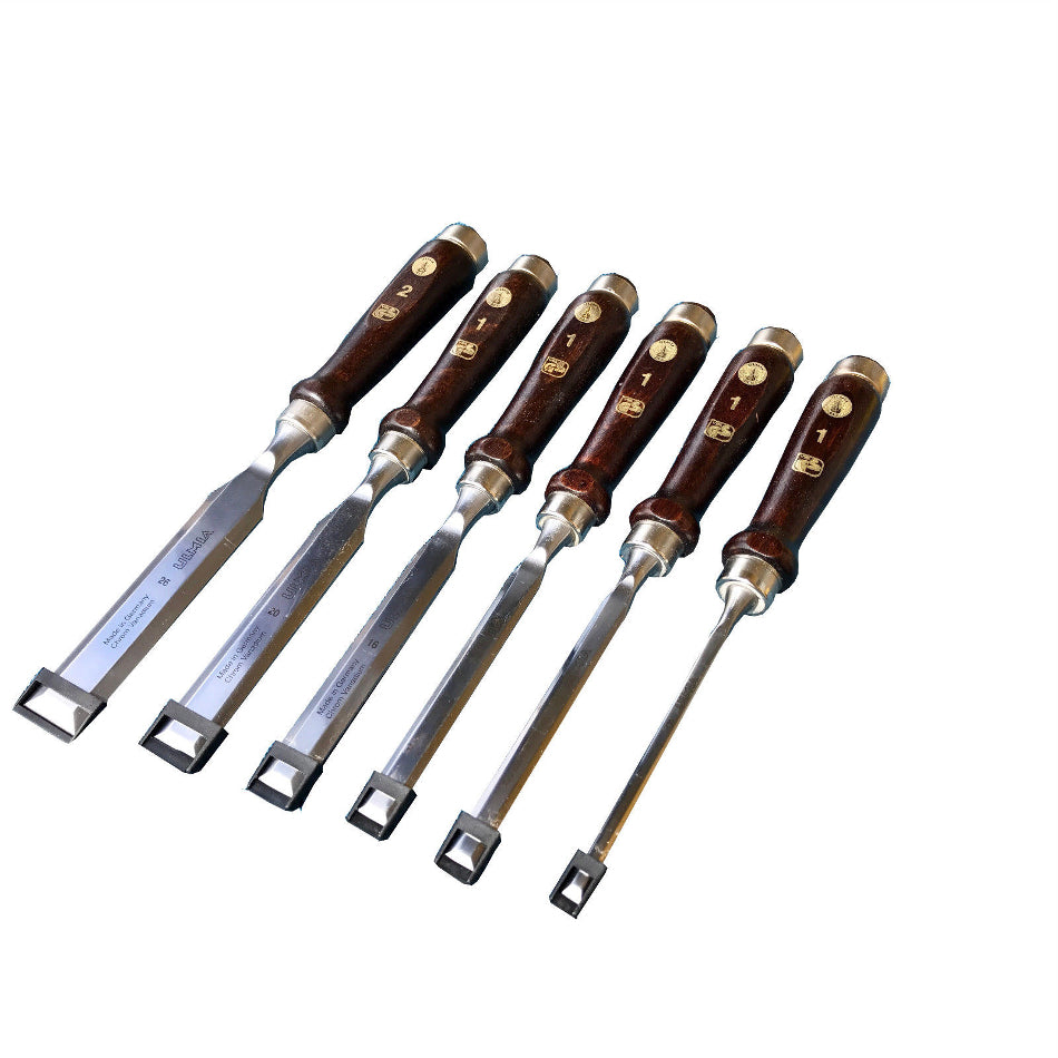 Ulmia Stechbeitel-Satz mit braunem Holzheft in Draufsicht